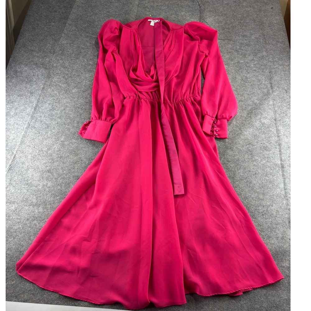 VTG Allicia Sheer Pink Cowl Neck Midi Dress Long Sleeve Preppy Formal Retro 14